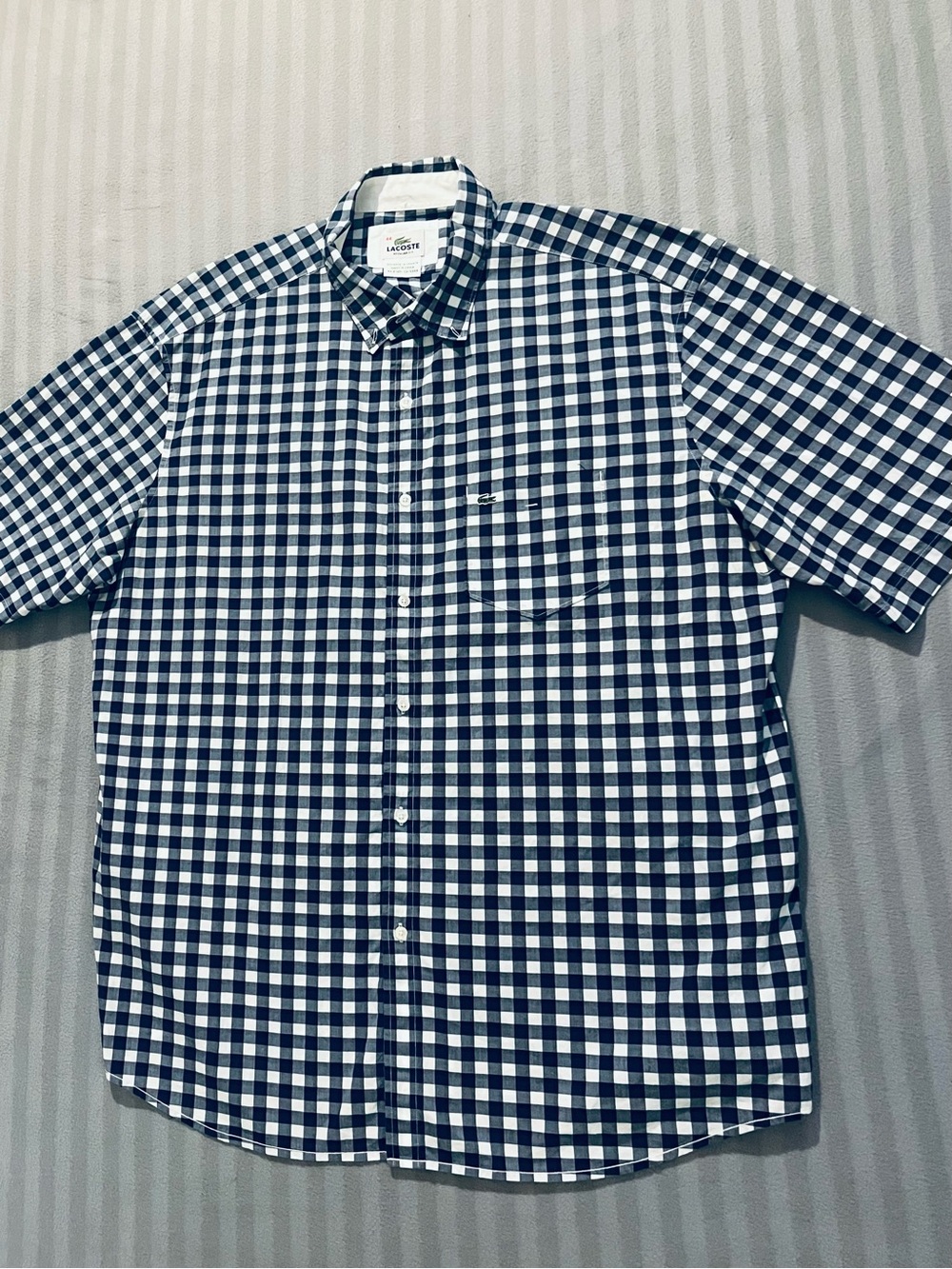 Lacoste Navy and White Gingham Short-Sleeve Button-Down Shirt